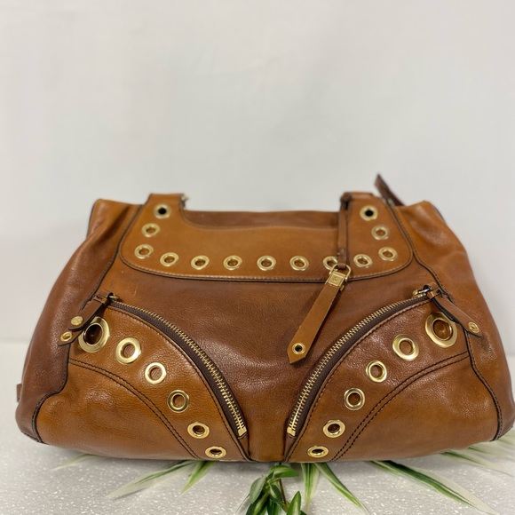 COLE HAAN SHOULDER BAG Brown Grommets and Zippered Front Pockets - Picture 6 of 9